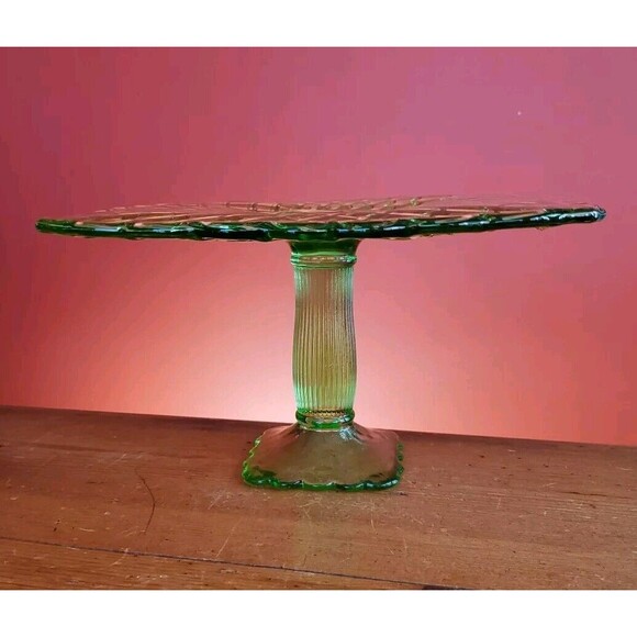 3 LE Smith & Rose Trellis Green Glass Square Pedestal Cake Stands Handmade USA - Picture 8 of 16